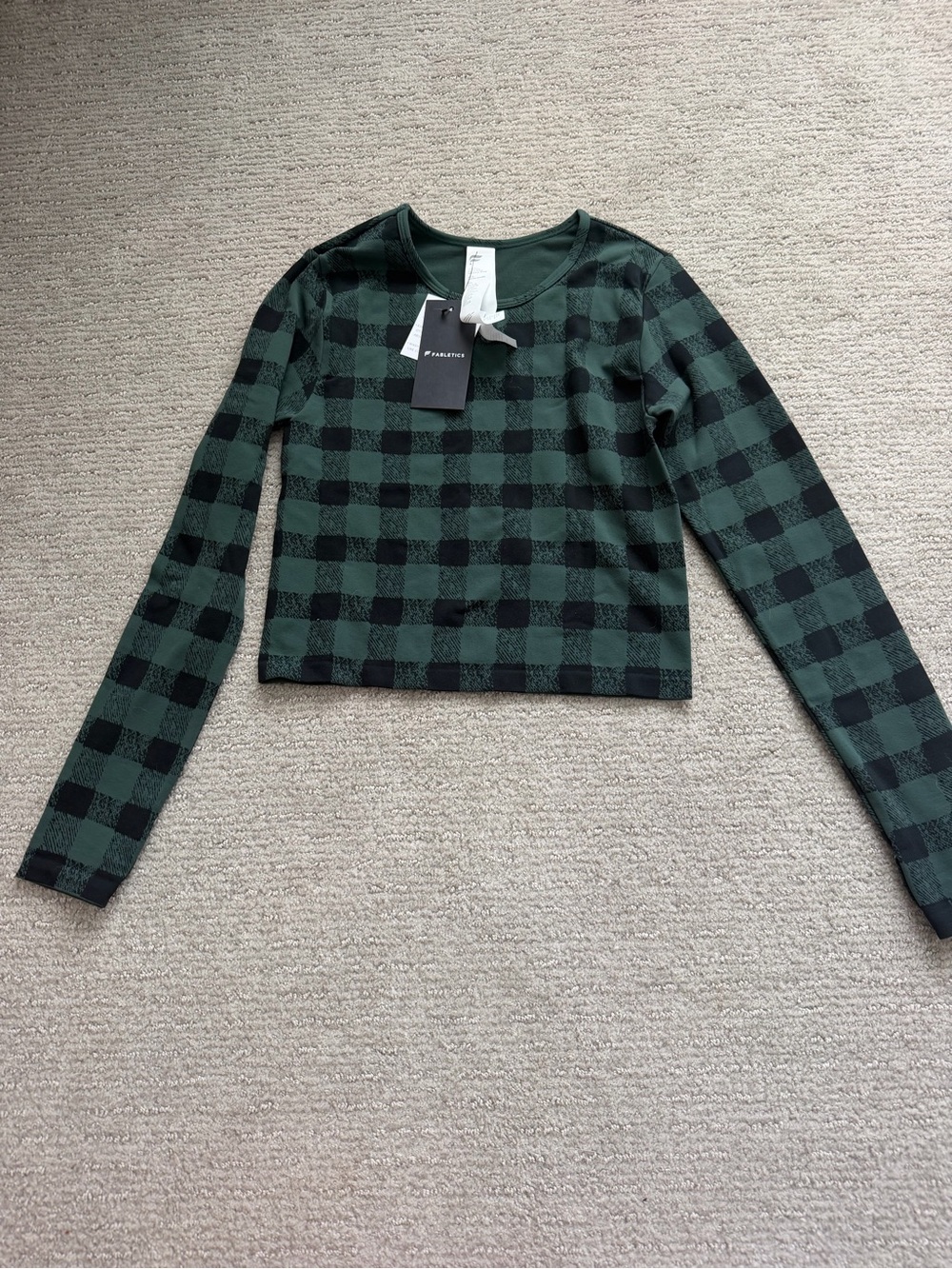 Athletic Green Plaid Long-Sleeve Crop Top